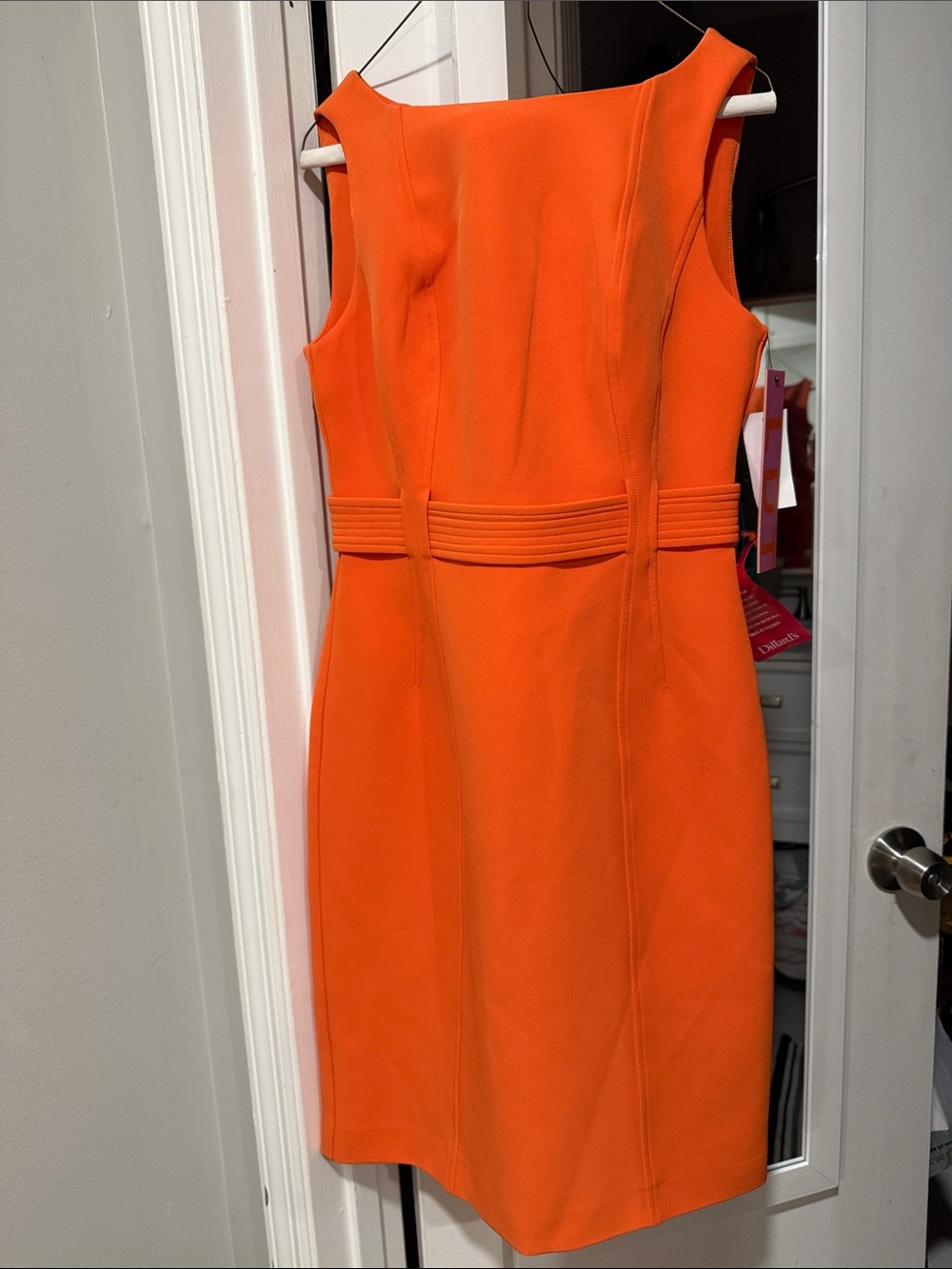 Bright Orange Sleeveless Sheath Dress with Belt Detail